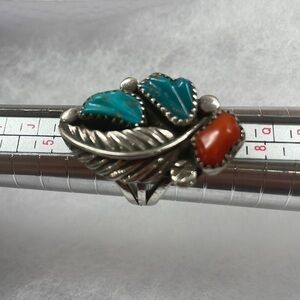 Navajo Turquoise & Coral Sterling Silver Ring—Leaf Design—Gorgeous! Signed EUC—7
